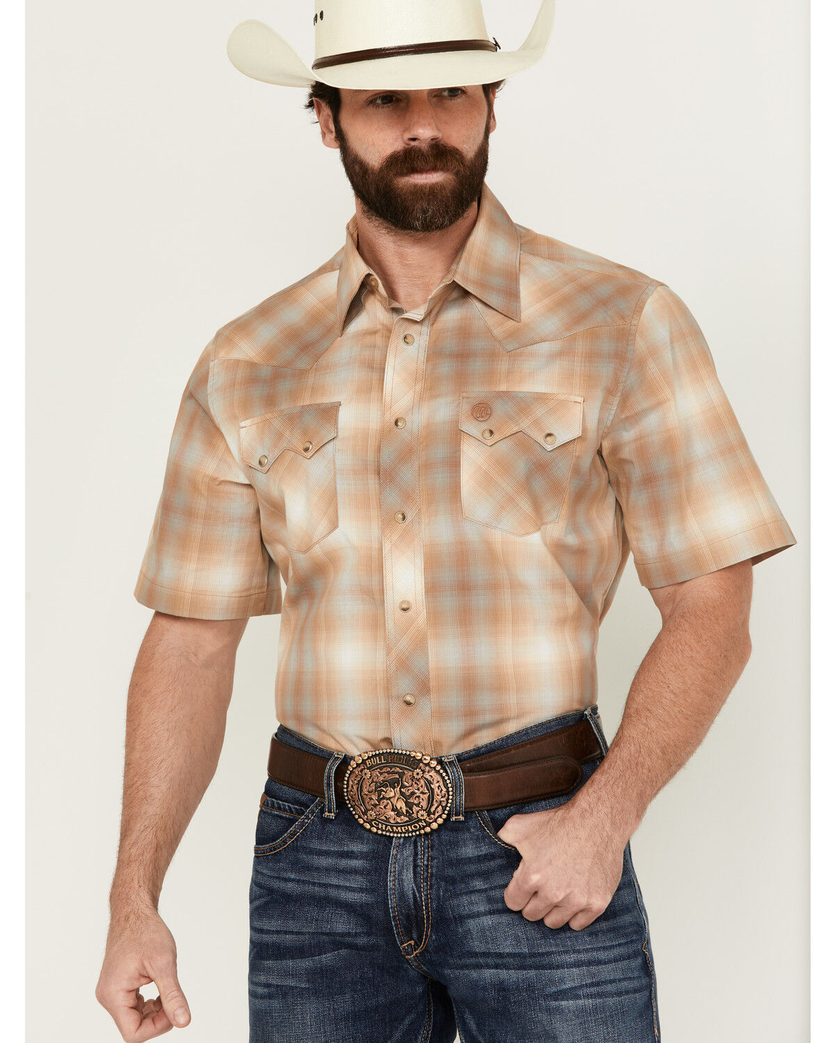 Image #1 - Wrangler Retro Men's Ombre Plaid Print Short Sleeve Snap Western Shirt, Tan, hi-res