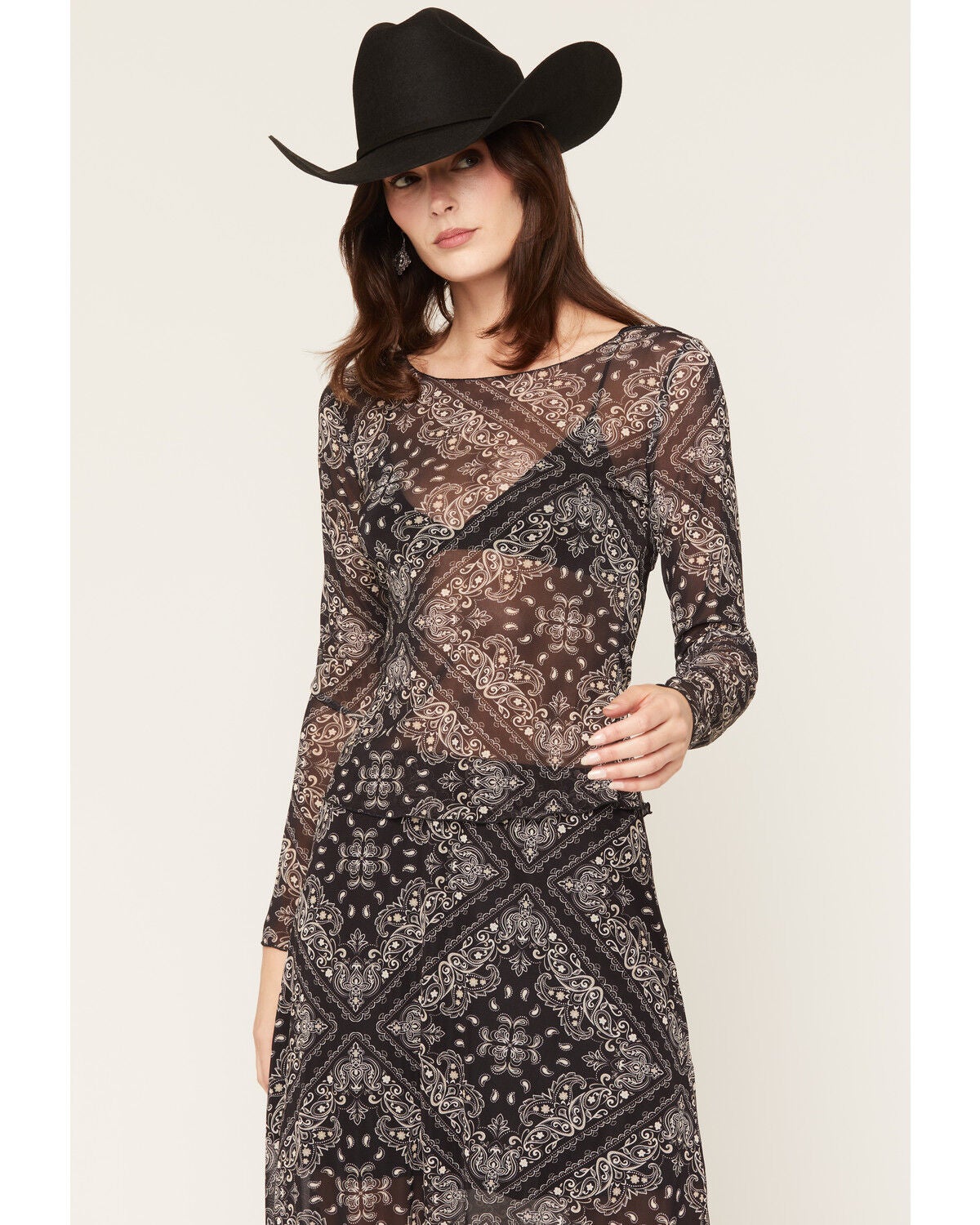 Image #1 - Idyllwind Women's Bandana Print Long Sleeve Mesh Top, Black, hi-res