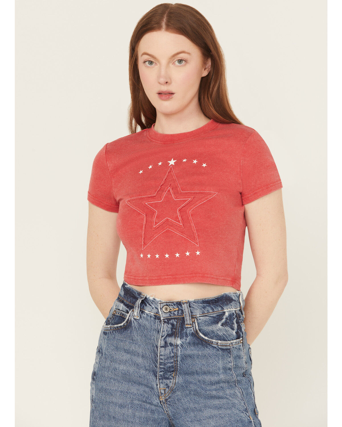 Image #1 - Youth in Revolt Women's Star Baby Tee, Red, hi-res