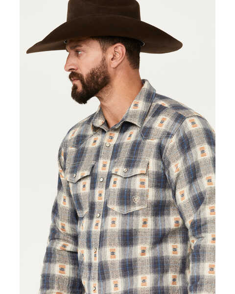 Image #3 - Ariat Men's Hiro Plaid Print Long Sleeve Snap Western Flannel Shirt, Blue, hi-res
