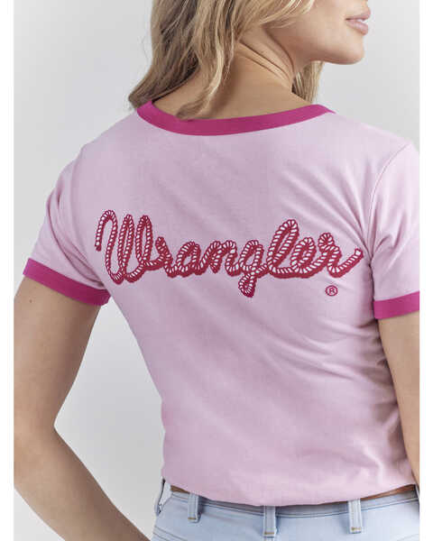Image #4 - Wrangler® X Barbie™ Women's Logo Slim Ringer Tee, Pink, hi-res