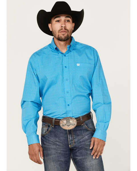 Cinch Men's Geo Print Long Sleeve Button Down Western Shirt , Blue, hi-res