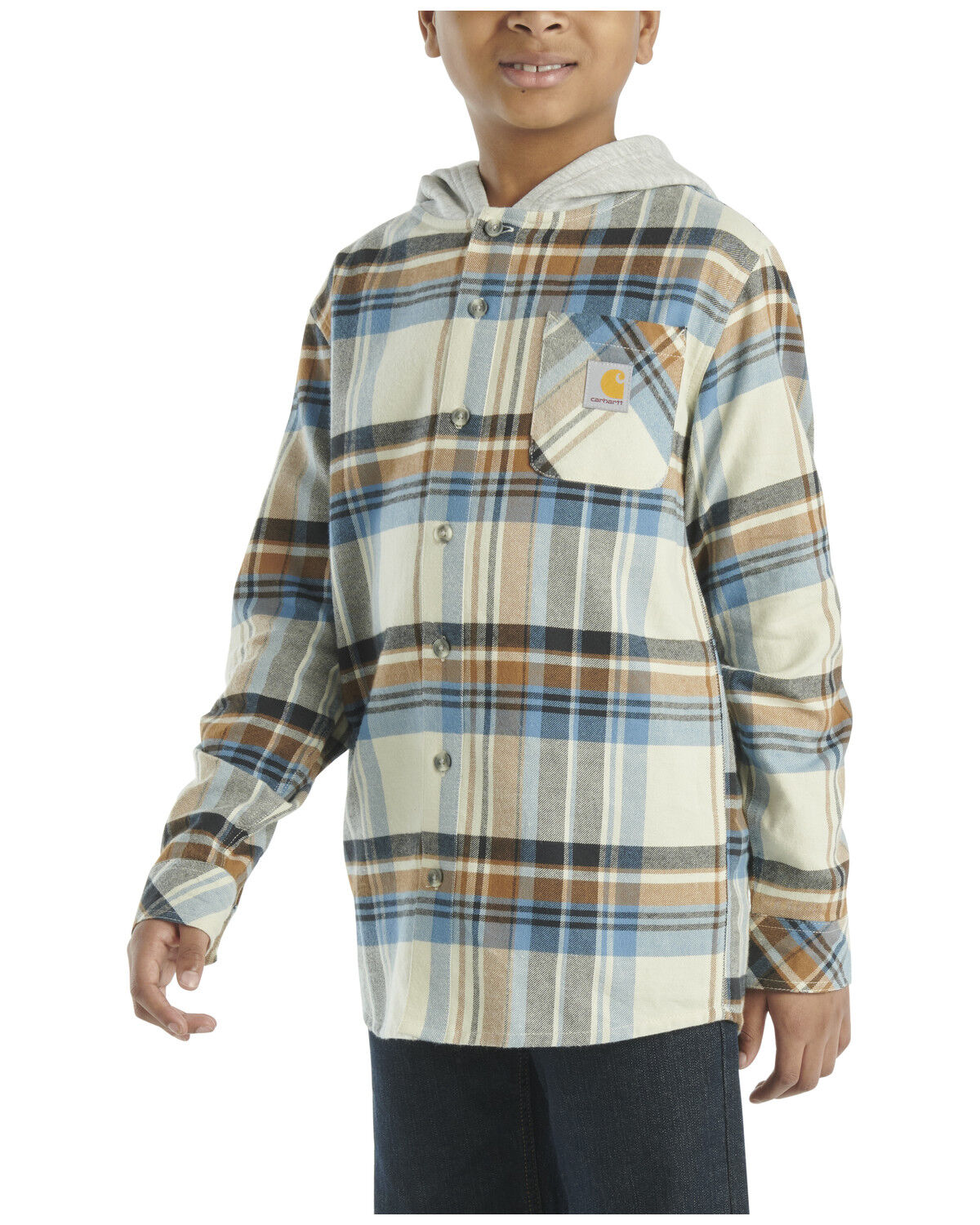 Image #2 - Carhartt Boys' Plaid Print Button-Down Hooded Shirt Jacket, Grey, hi-res