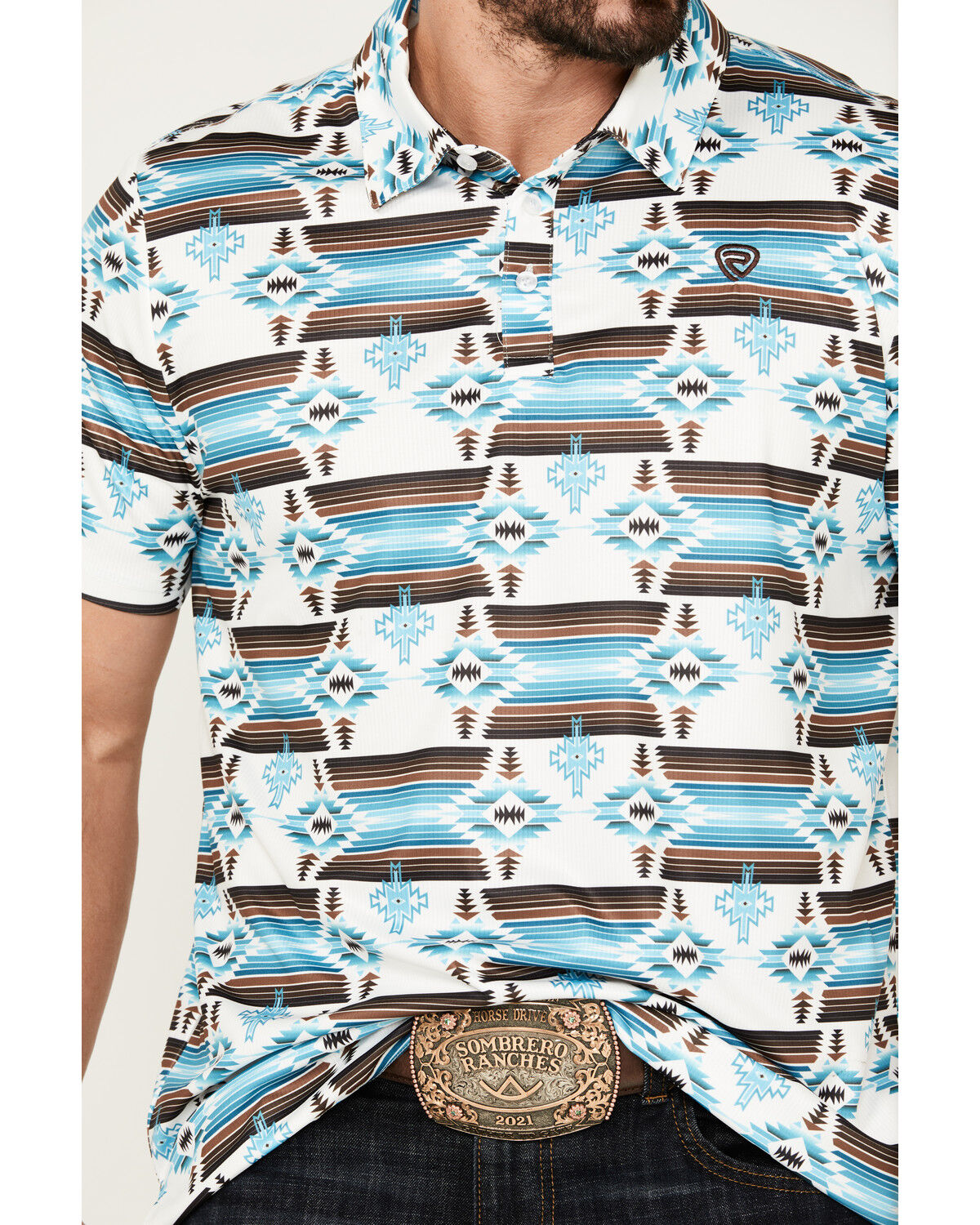 Image #3 - Rock & Roll Denim Men's Boot Barn Exclusive Southwestern Print Short Sleeve Polo Shirt, White, hi-res