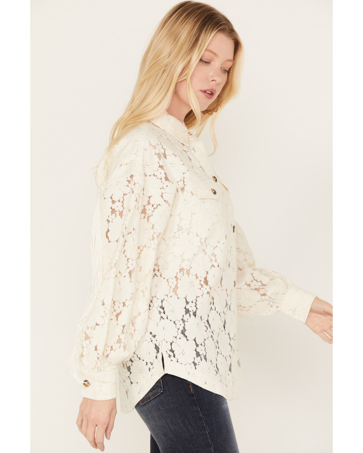 Image #2 - Shyanne Women's Lace Fringe Button-Down Shacket, Cream, hi-res