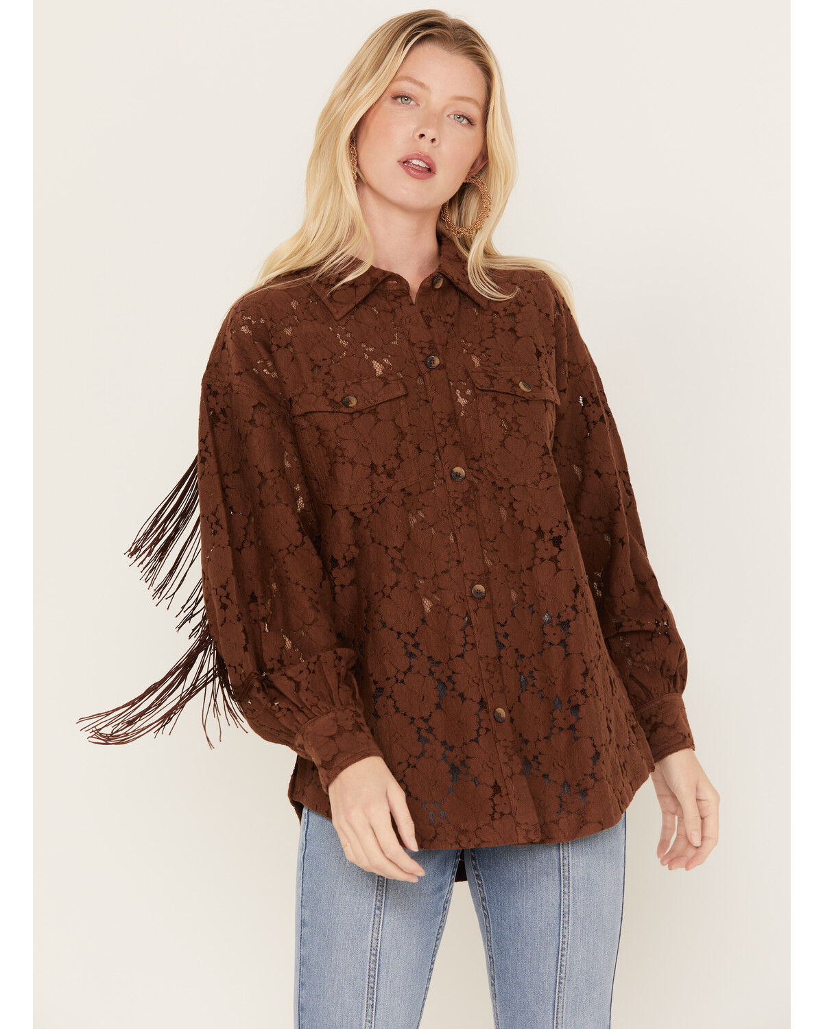 Image #1 - Shyanne Women's Lace Fringe Button-Down Shacket, Dark Brown, hi-res