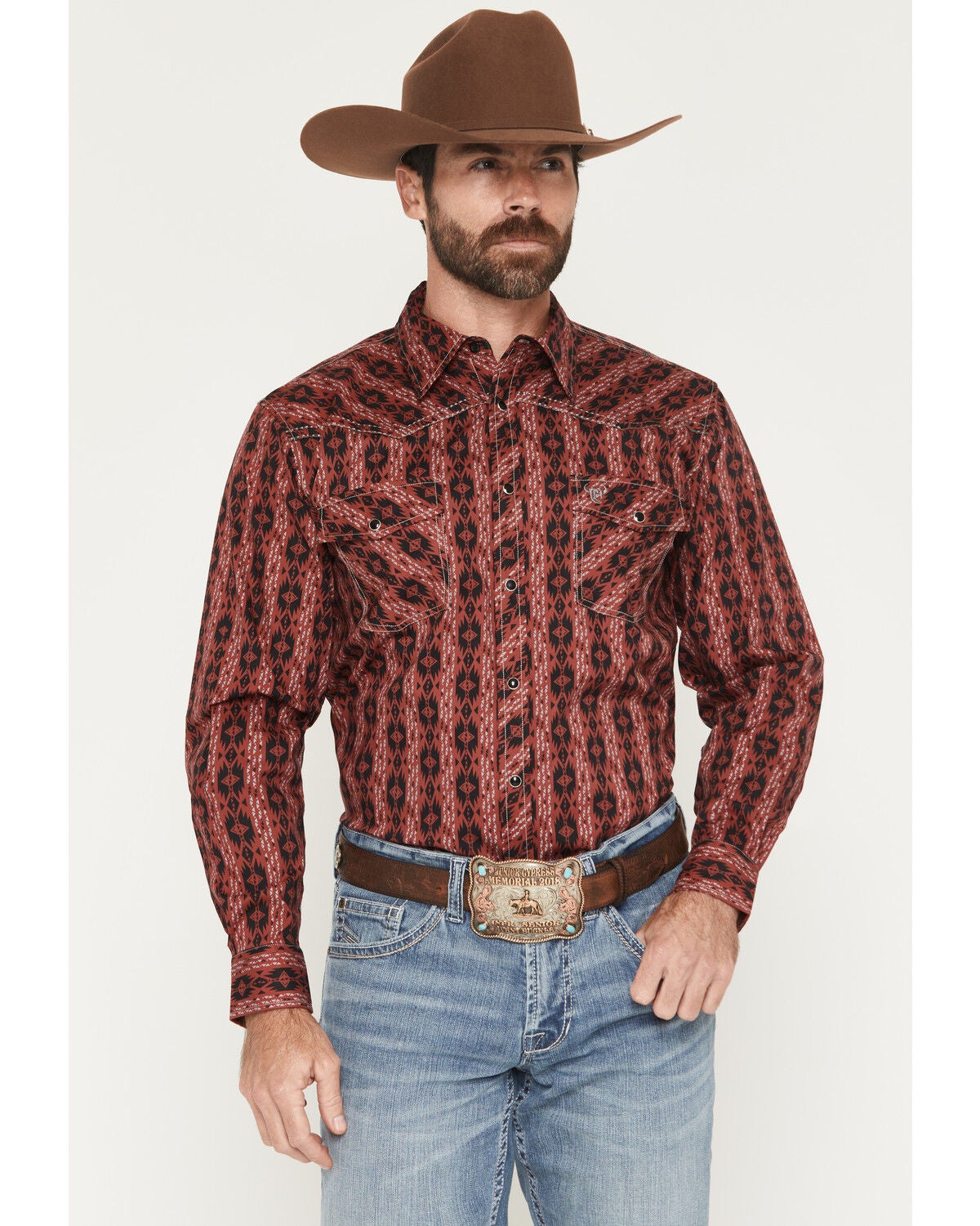Cowboy Hardware Men's Southwestern Print Long Sleeve Snap Stretch Western Shirt, Red, hi-res