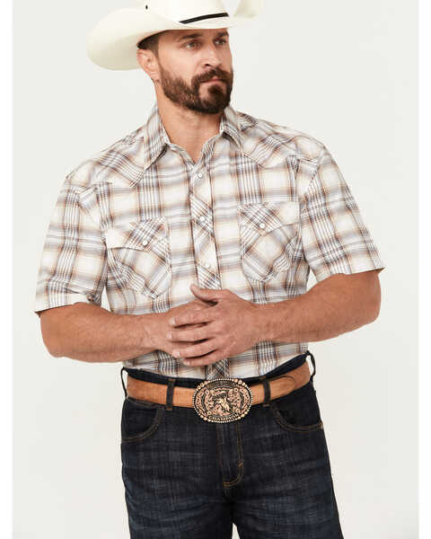Image #1 - Rough Stock by Panhandle Men's Ombre Plaid Print Short Sleeve Pearl Snap Western Shirt, Brown, hi-res