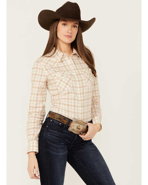 Image #2 - Wrangler Retro Women's Plaid Print Long Sleeve Pearl Snap Western Shirt , Cream, hi-res