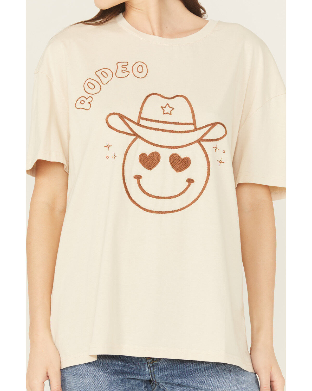 Image #3 - Blue B Women's Embroidered Smiley Rodeo Short Sleeve Graphic Tee, Brown, hi-res
