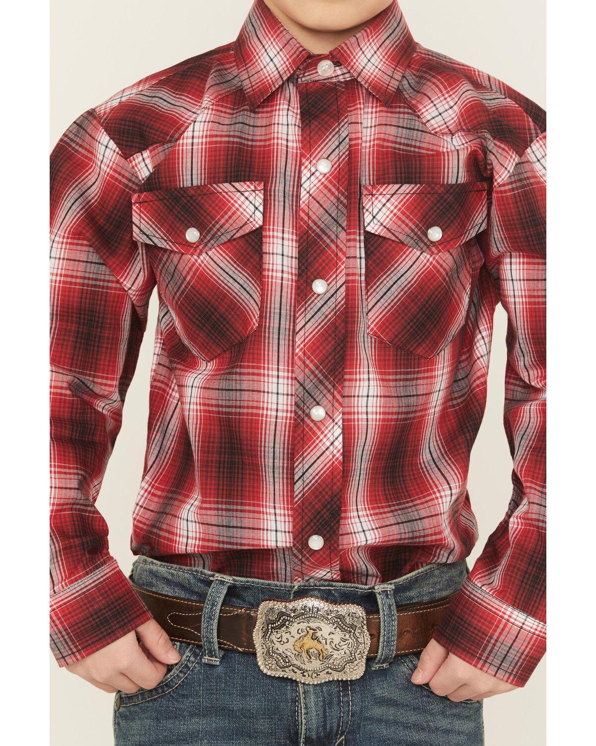 Image #3 - Roper Boys' Plaid Print Long Sleeve Pearl Snap Western Shirt, Red, hi-res
