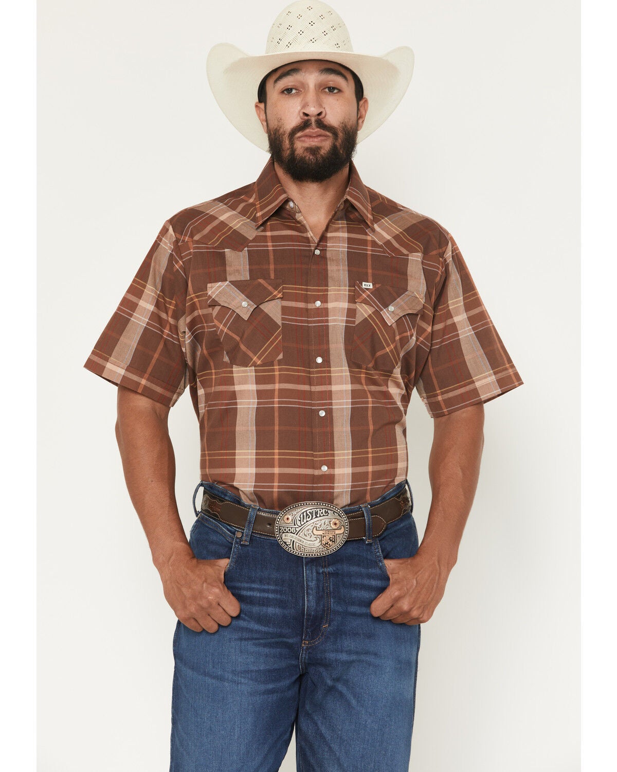 Ely Walker Men's Boot Barn Exclusive Plaid Print Short Sleeve Pearl Snap Western Shirt, Brown, hi-res