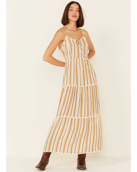 Angie Women's Stripe Tiered Maxi Dress, Mustard, hi-res