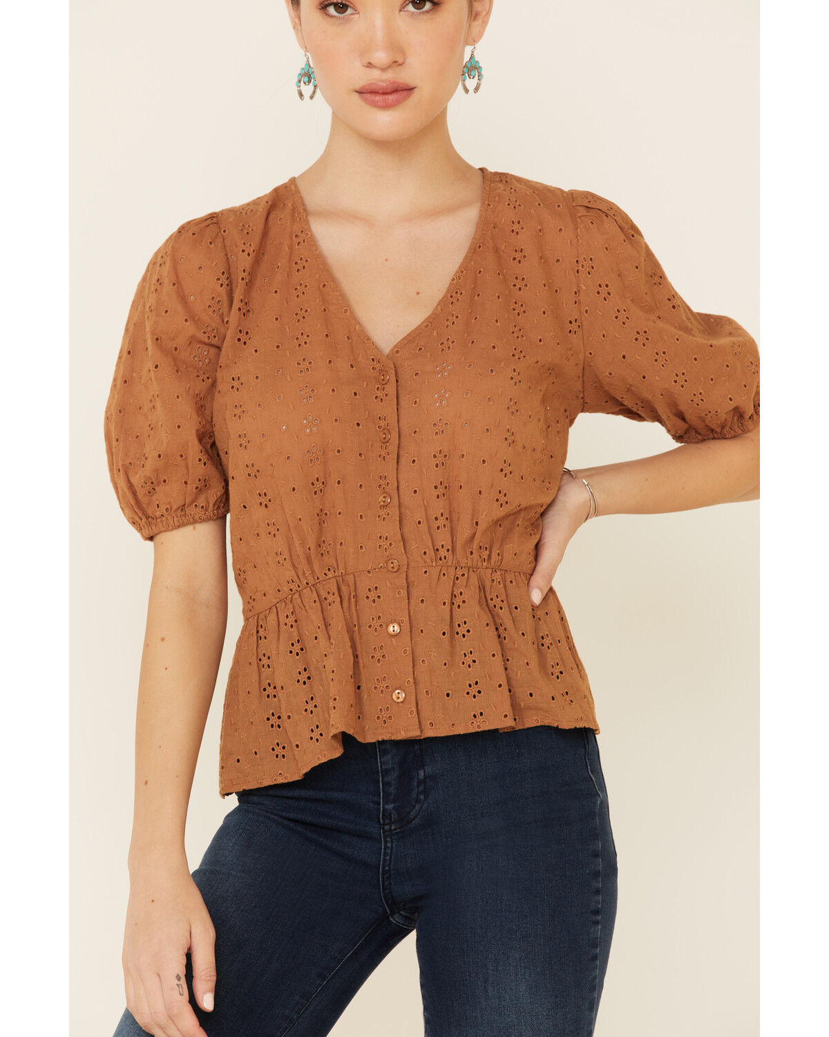 Image #3 - Wishlist Women's Eyelet Peplum Short Sleeve Top, Mustard, hi-res