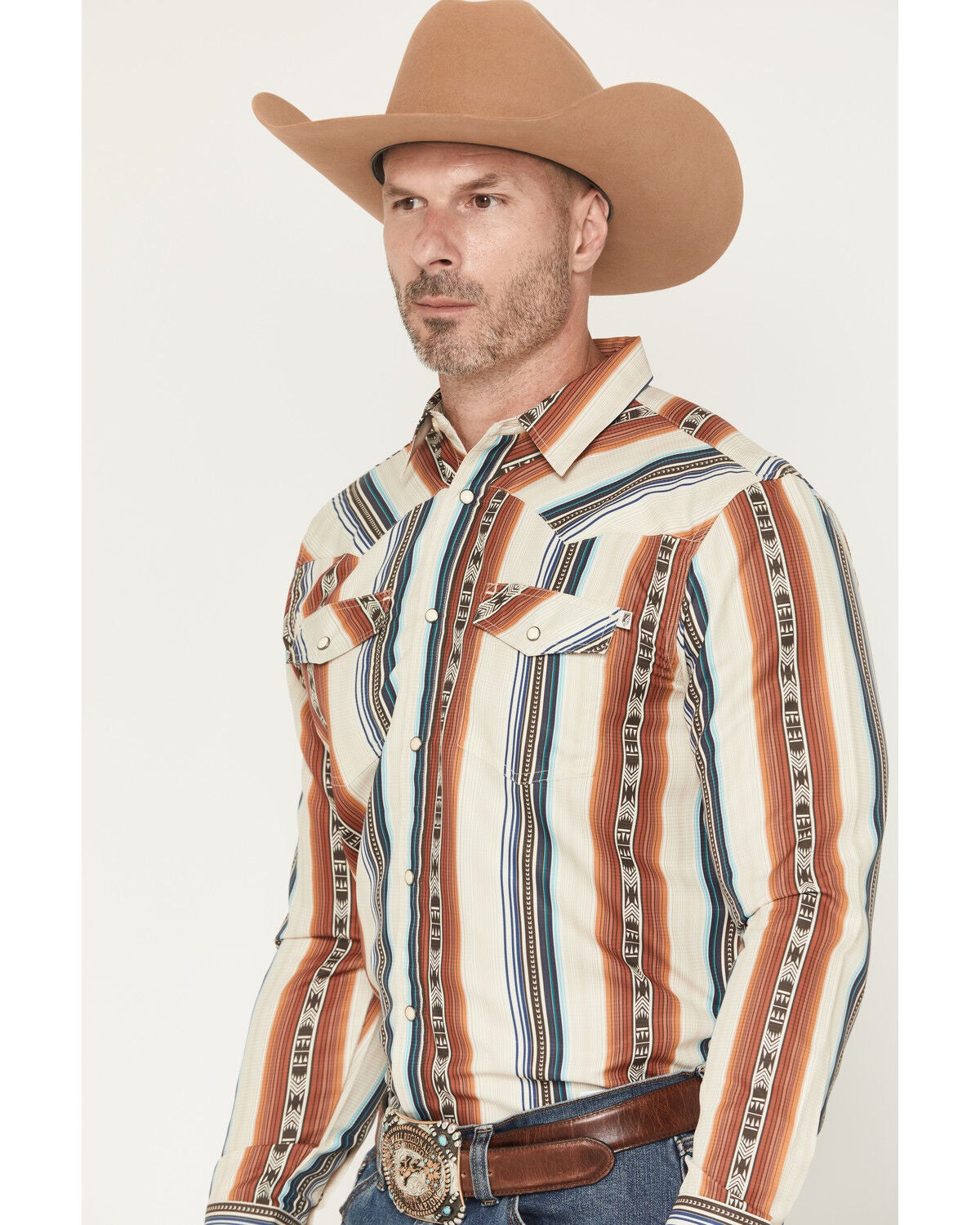 Image #2 - RANK 45&reg; Men's Range Rider Striped Long Sleeve Snap Performance Western Shirt, Ivory, hi-res