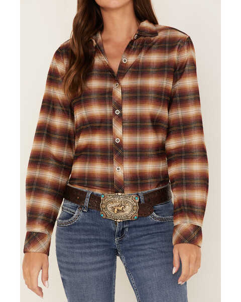 Image #3 - North River Women's Plaid Print Corduroy Boyfriend Long Sleeve Button Down Shirt , Rust Copper, hi-res