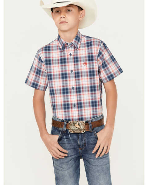 Image #1 - Ariat Boys' Olen Plaid Print Classic Fit Short Sleeve Button Down Western Shirt, Red/white/blue, hi-res