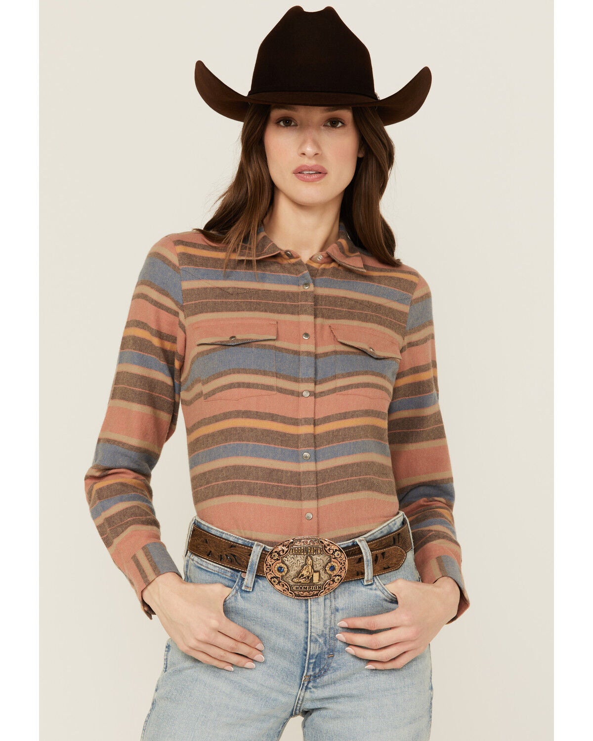 Shyanne Women's Serape Striped Print Long Sleeve Snap Flannel Shirt, Navy, hi-res