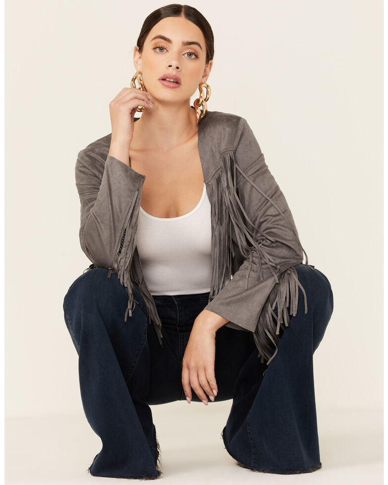Vocal Women's Fringe Suede Jacket, Charcoal, hi-res