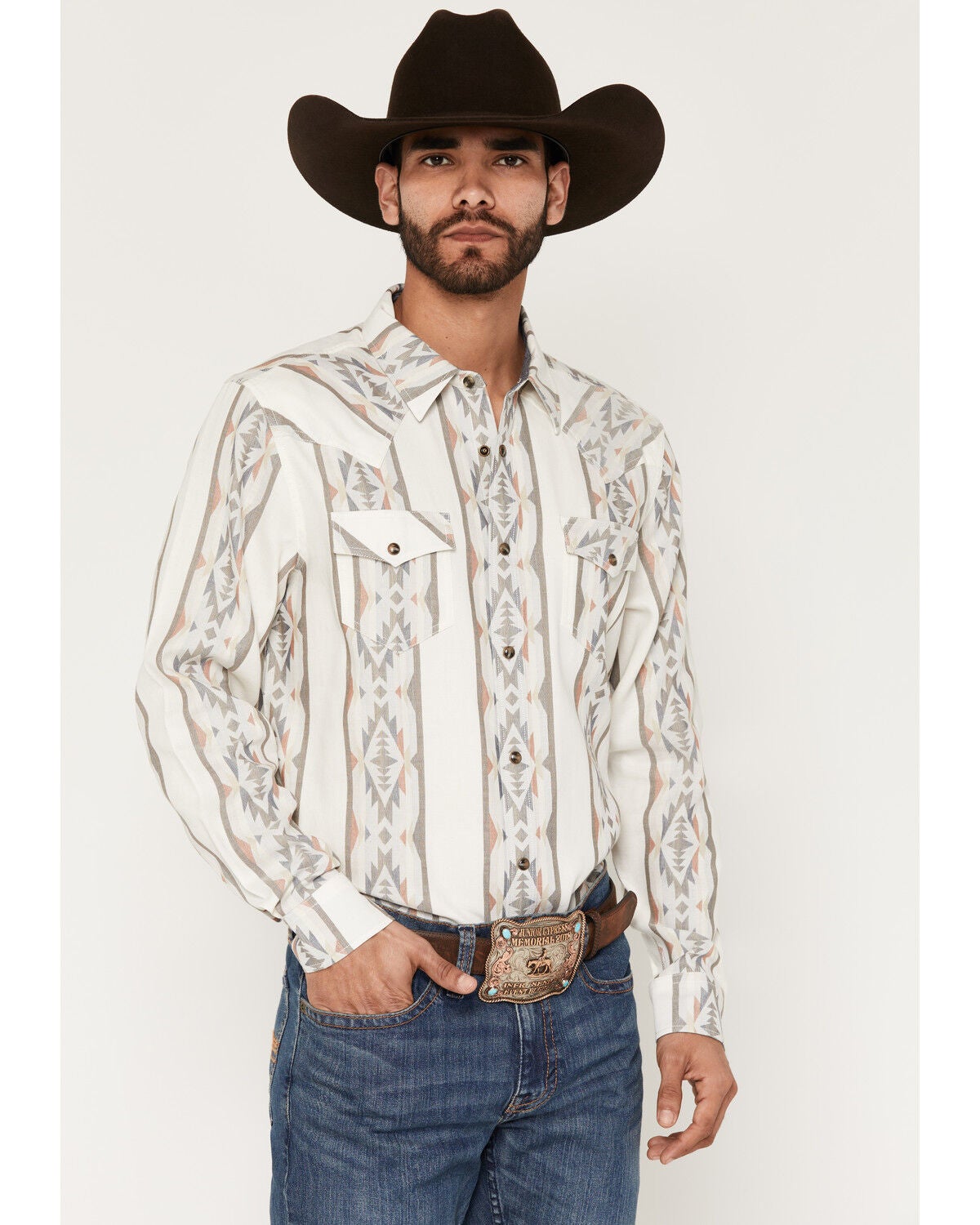 Cody James Men's Cowboy Boogie Southwestern Stripe Print Long Sleeve Snap Western Shirt, Ivory, hi-res