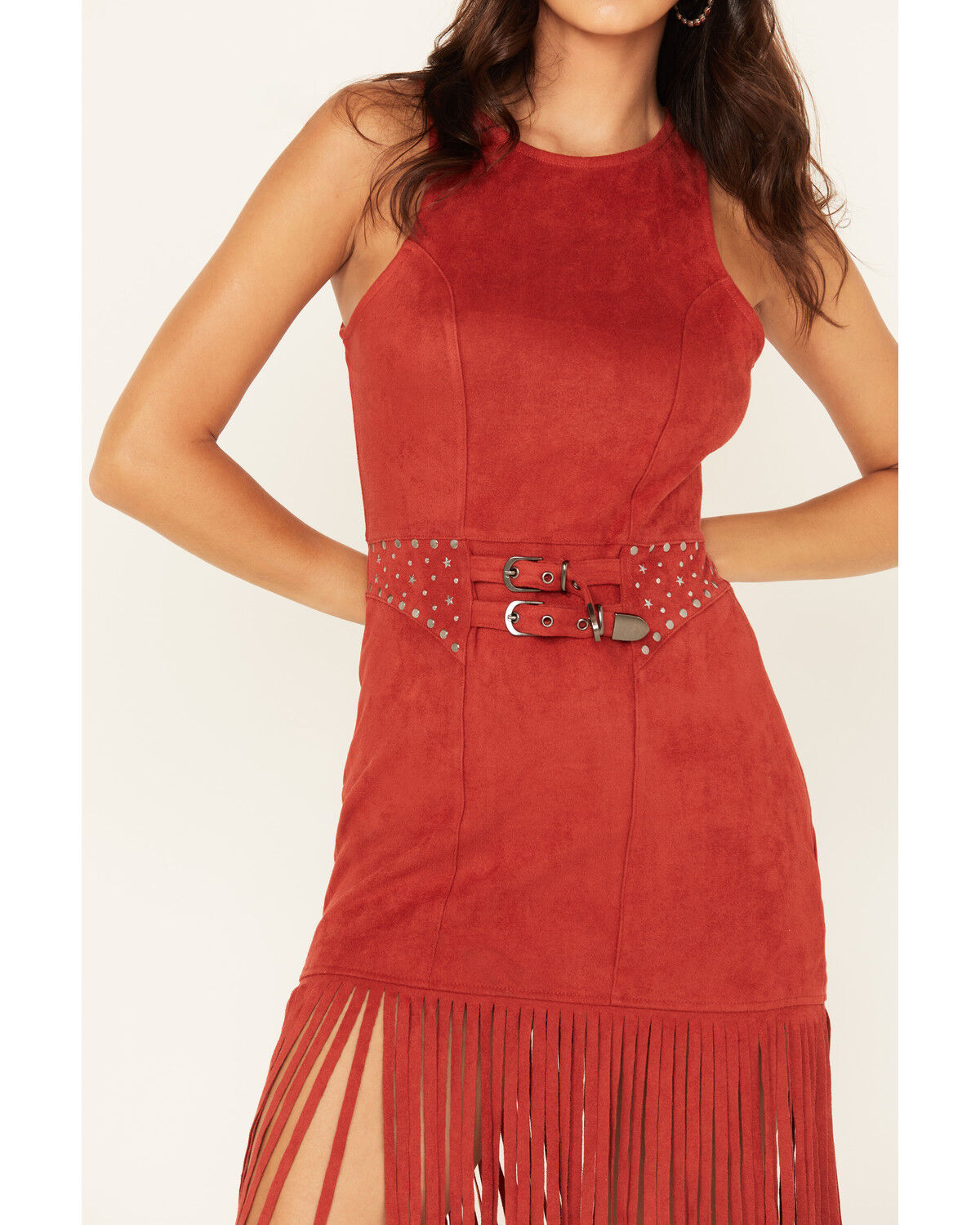 Image #3 - Rock & Roll Denim Women's Faux Suede Fringe Belted Mini Dress, Rust Copper, hi-res