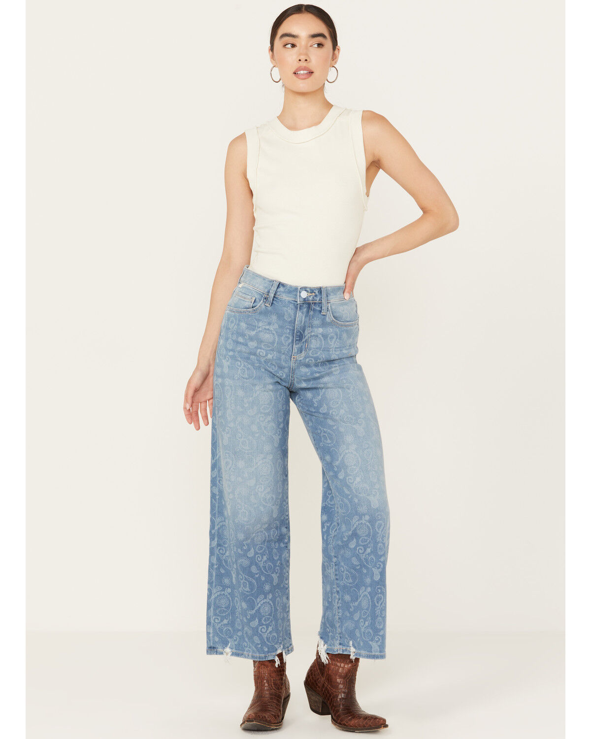 Image #1 - Ceros Women's Medium Wash High Rise Paisley Printed Wide Leg Straight Stretch Jeans, Medium Wash, hi-res