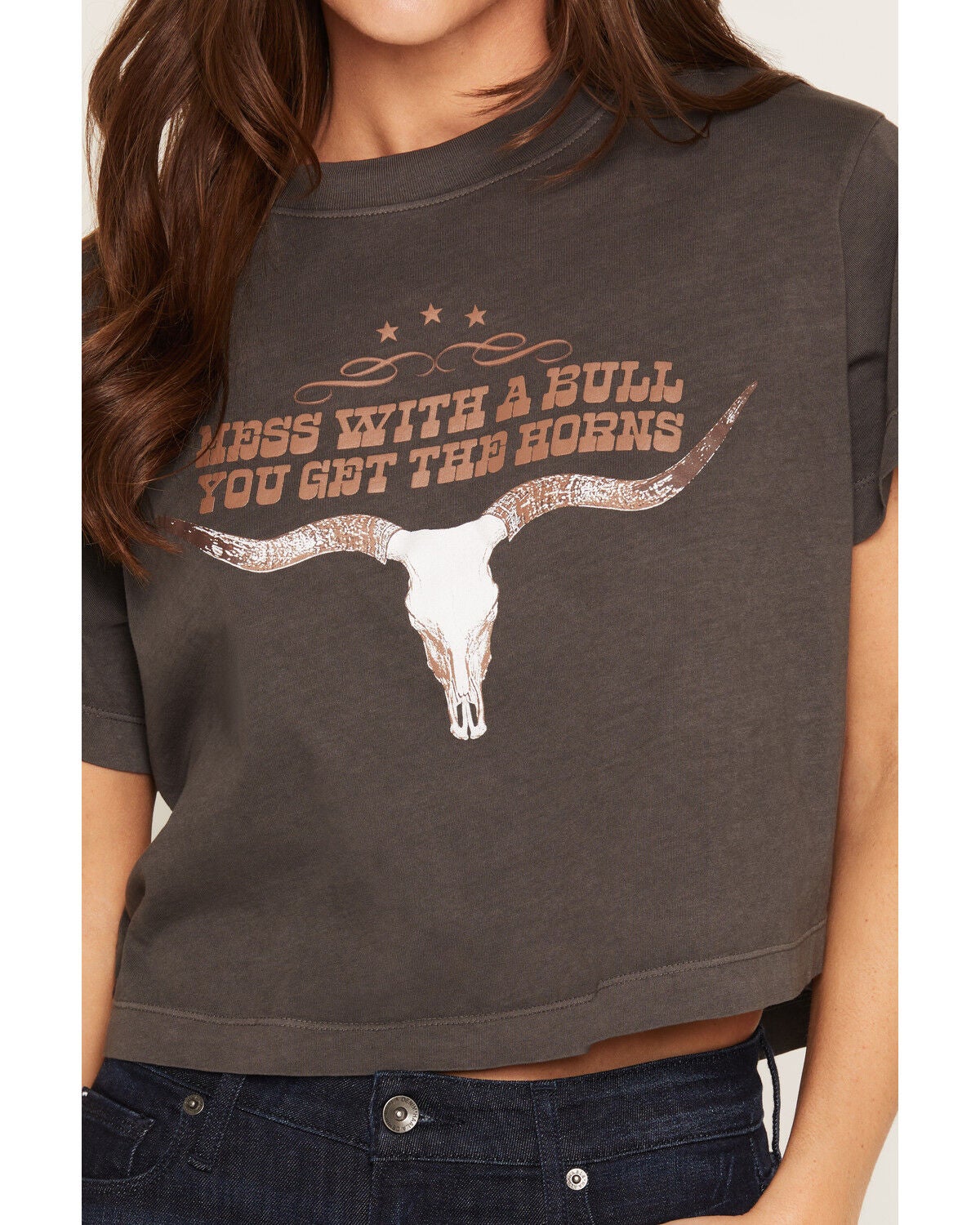 Image #3 - Girl Dangerous Women's Steer Horns Short Sleeve Cropped Graphic Tee, Black, hi-res