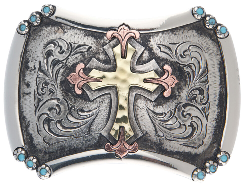 AndWest Cortez Vintage Tri-Tone Cross Belt Buckle, Silver, hi-res