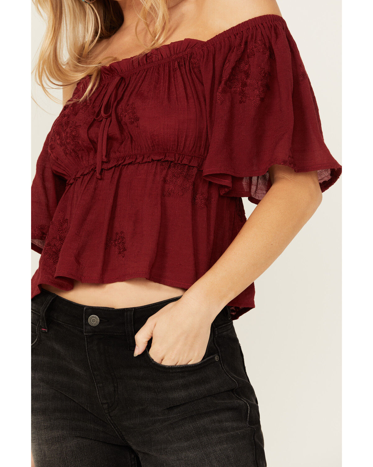 Image #3 - Wild Moss Women's Jacquard Flutter Sleeve Top, Burgundy, hi-res