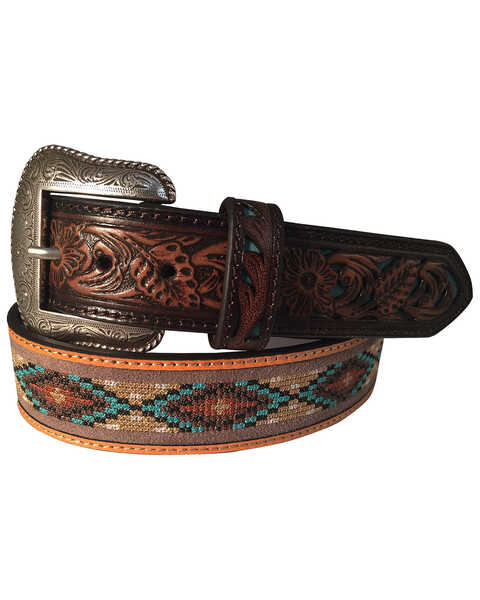 Roper Men's Brown Leather Cutout Inlay-ed Tooled Belt , Brown, hi-res