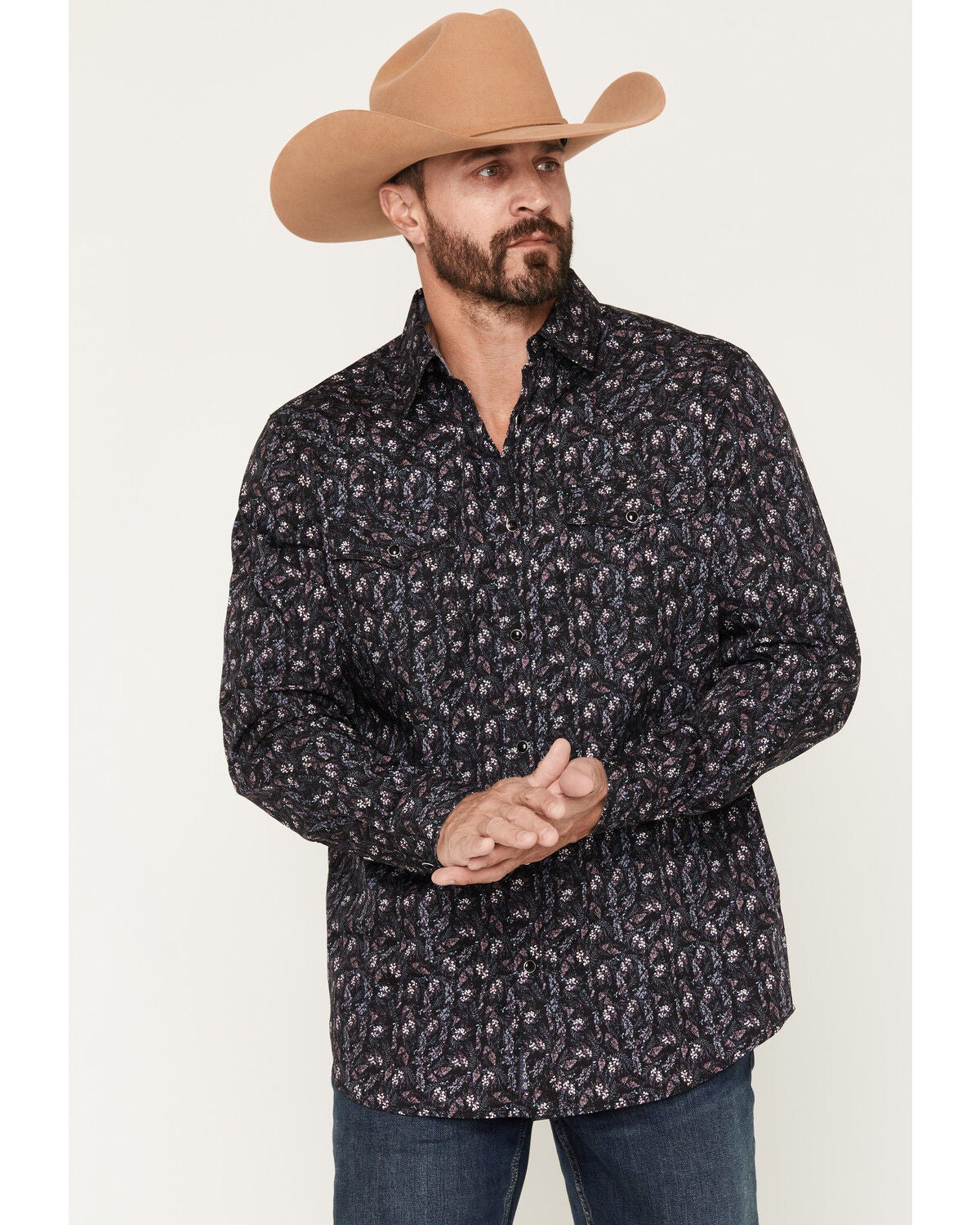 Moonshine Spirit&reg;&nbsp;Men's Fall Floral Print Long Sleeve Snap Western Shirt, Black, hi-res