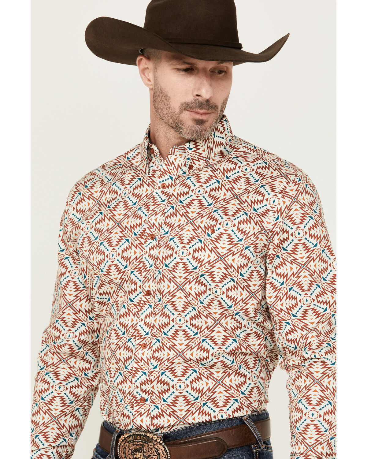 Image #2 - RANK 45® Men's Lagos Southwestern Print Long Sleeve Button-Down Performance Stretch Western Shirt, Ivory, hi-res