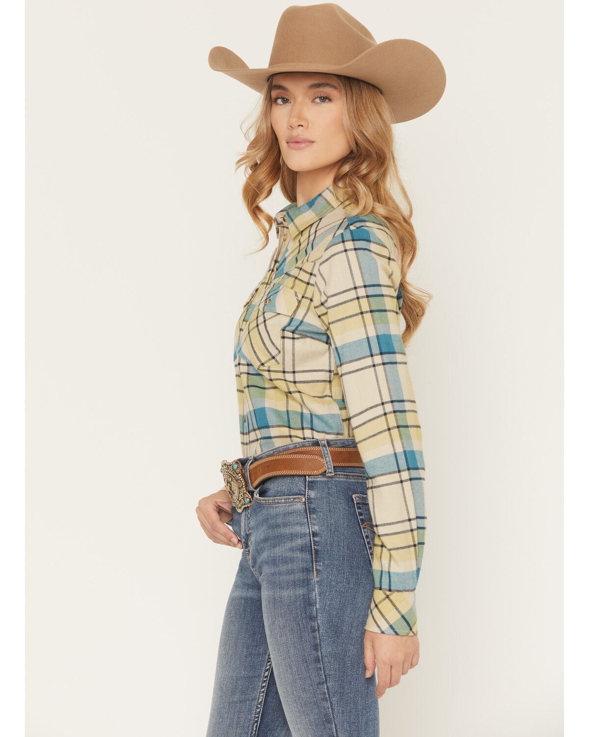 Image #2 - Shyanne Women's Plaid Print Long Sleeve Button-Down Flannel Shirt, Cream, hi-res