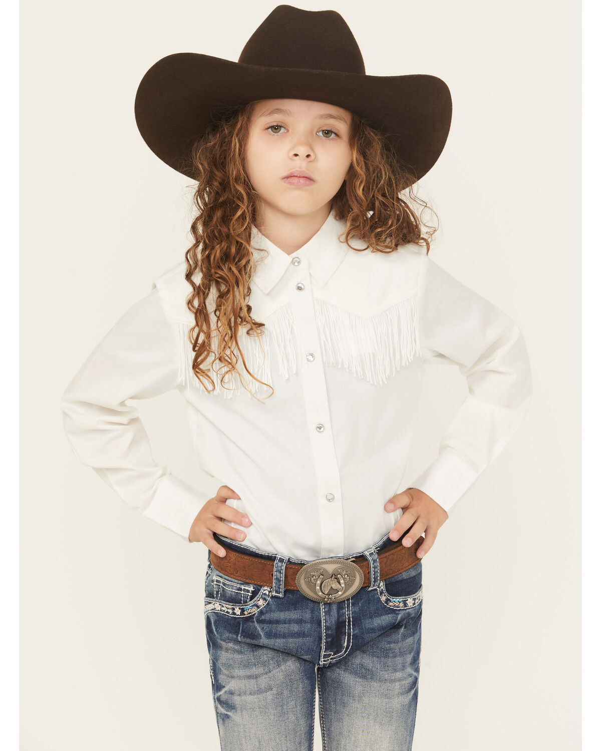 Image #1 - Shyanne Girls' Rhinestone Fringe Long Sleeve Snap Stretch Western Shirt, White, hi-res
