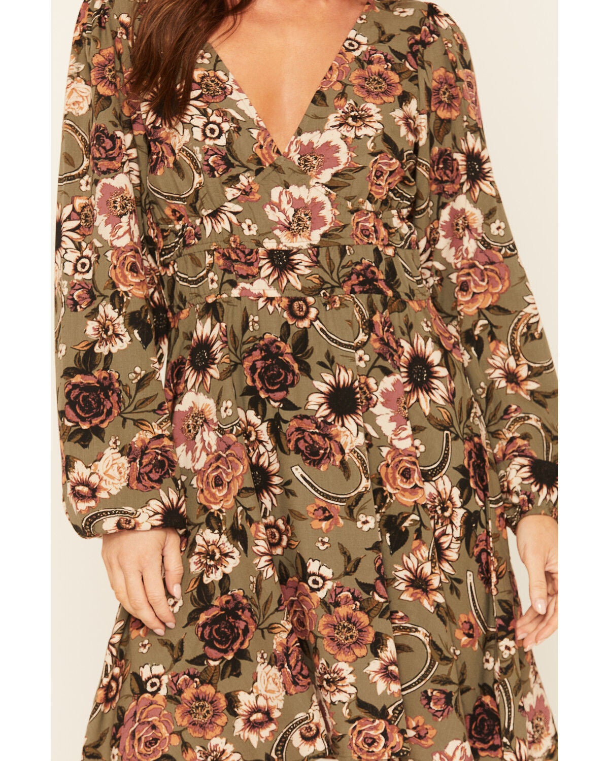 Image #3 - Wrangler Women's Floral Horseshoe Long Sleeve Mini Dress, Green, hi-res