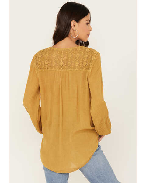 Image #4 - Nostalgia Women's Embroidered Tie Front Long Sleeve Top, Mustard, hi-res
