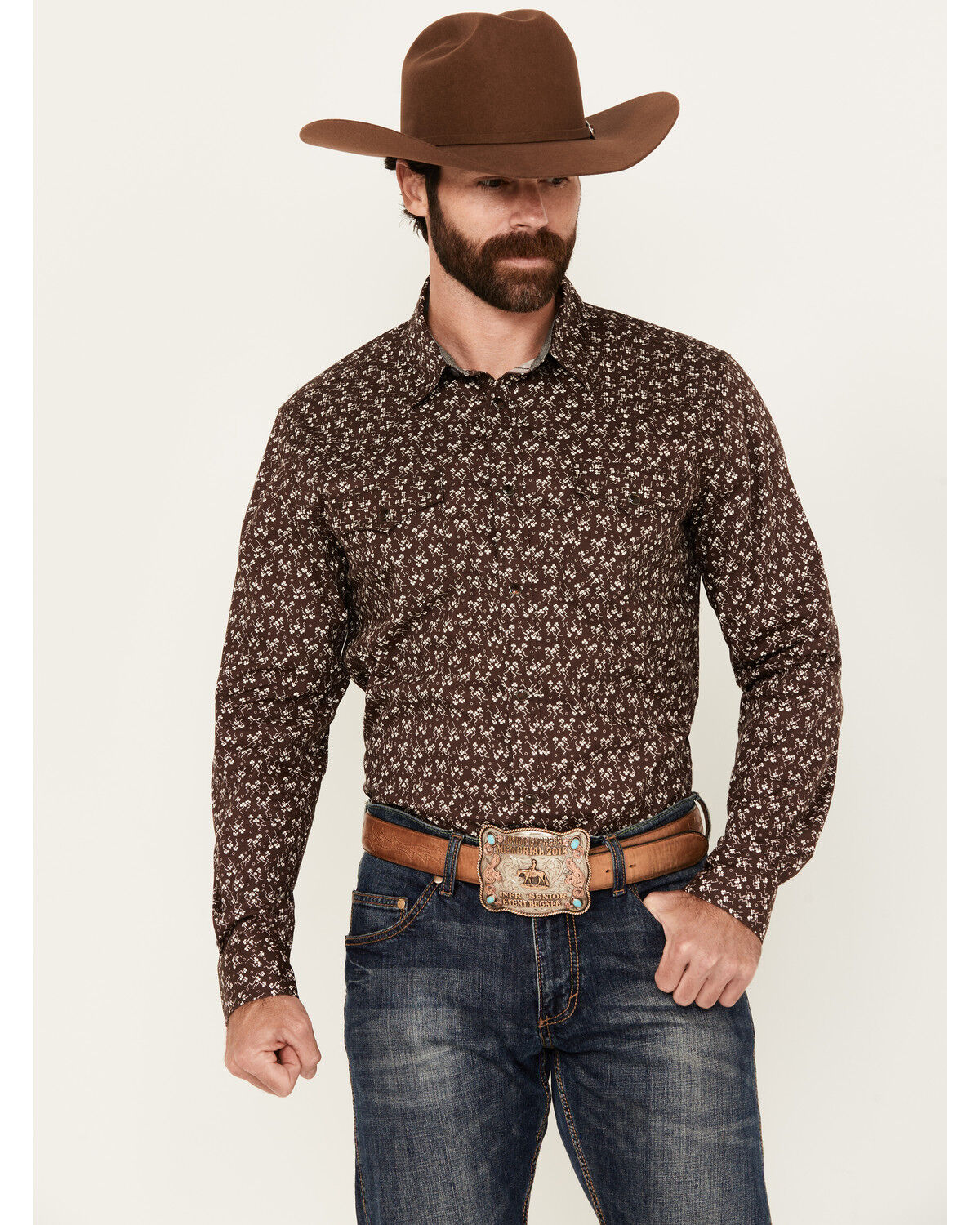 Image #1 - Cody James Men's Garrison Floral Print Long Sleeve Snap Western Shirt, Brown, hi-res