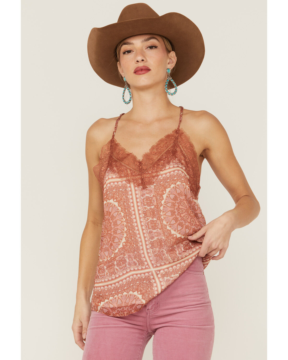 Image #1 - Miss Me Women's Medallion Print Lace Trim Cami, Rust Copper, hi-res