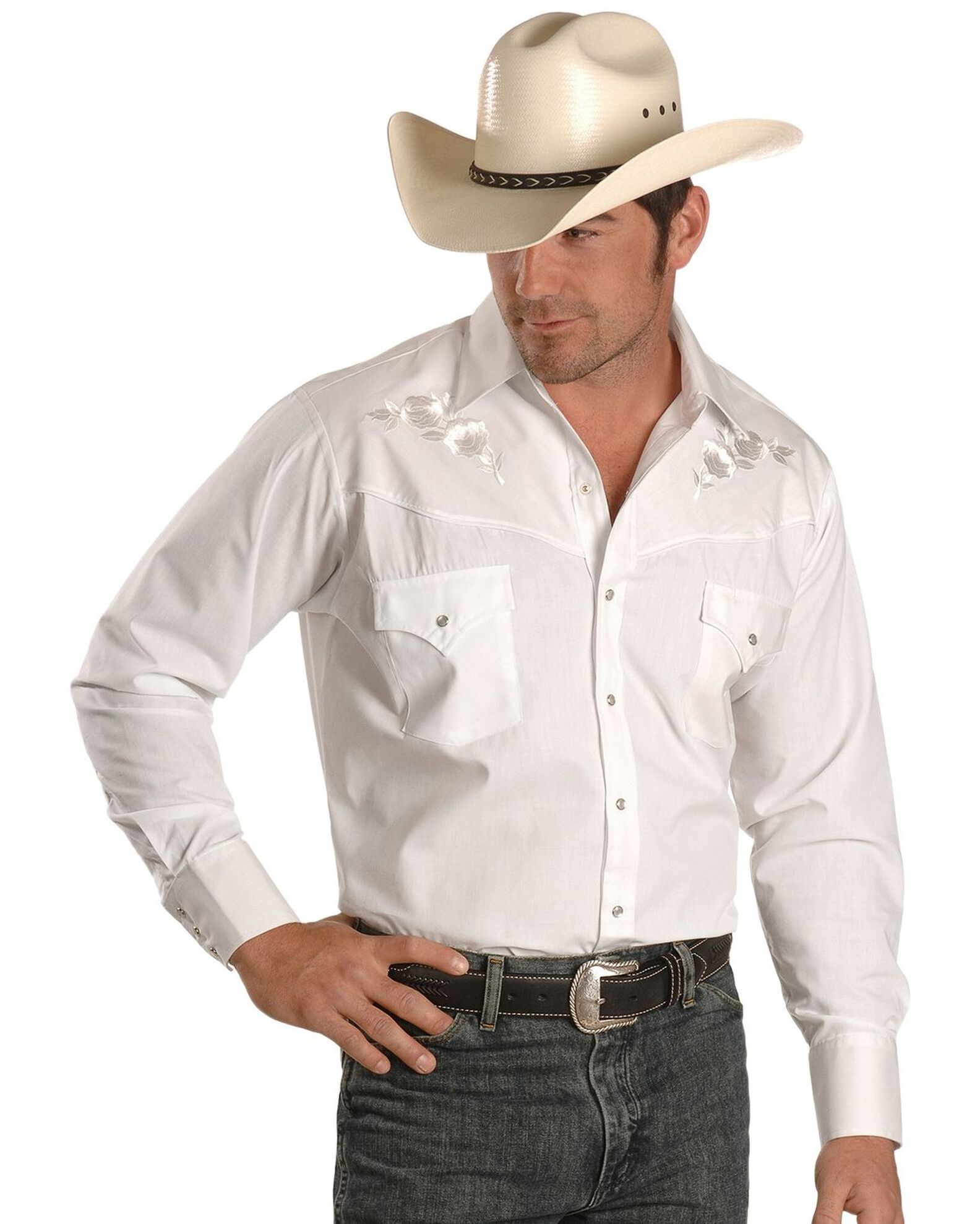 Ely Walker Men s Solid Embroidered Rose Long Sleeve Pearl Snap