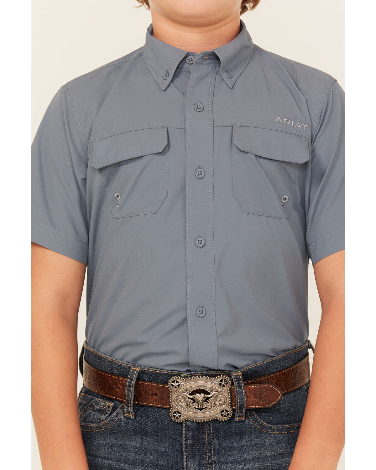 Image #3 - Ariat Boys' VENTEK Solid Short Sleeve Button-Down Western Shirt, Navy, hi-res