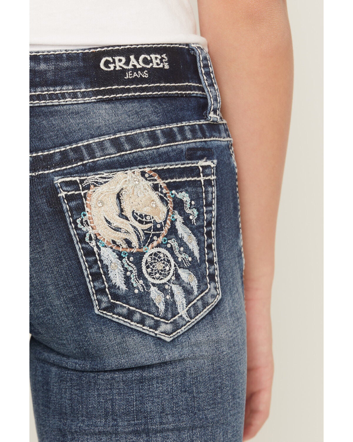 Image #4 - Grace in LA Girls' Dark Wash Dreamcatcher Pocket Bootcut Stretch Denim Jeans, Dark Wash, hi-res