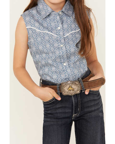 Image #3 - Ely Walker Girls' Medallion Print Sleeveless Pearl Snap Western Shirt, Blue, hi-res