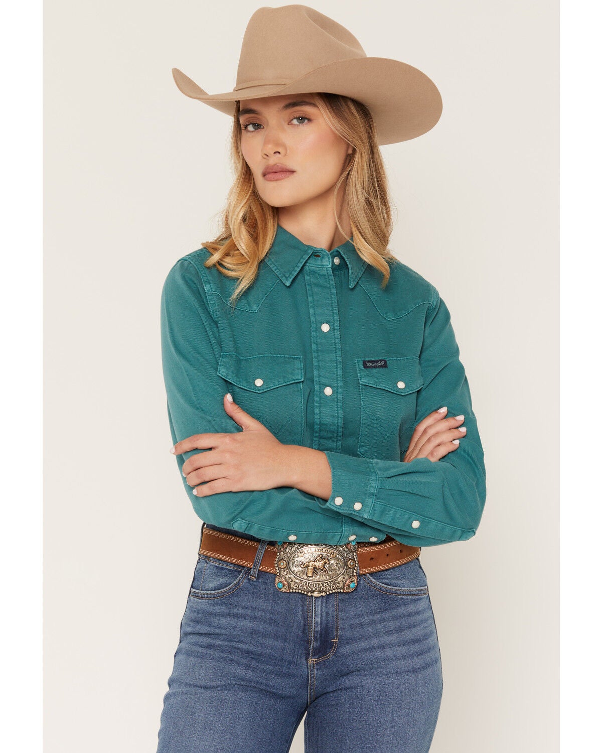 Wrangler Retro Women's Solid Long Sleeve Snap Denim Shirt, Turquoise, hi-res