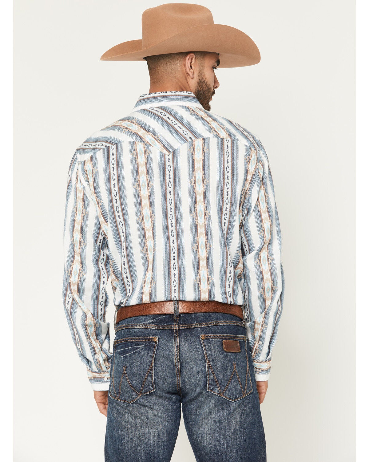 Image #4 - Panhandle Men's Vintage Southwestern Striped Long Sleeve Pearl Snap Western Shirt, Natural, hi-res