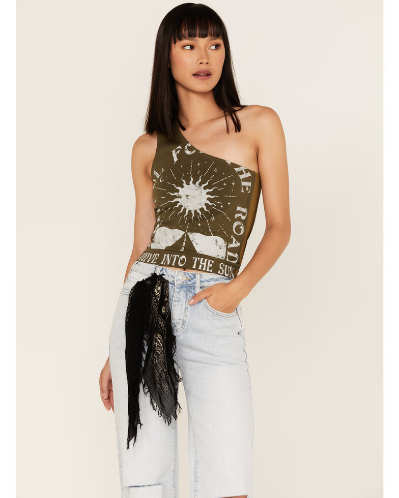 Cleo + Wolf Women's Drive Into The Sun Graphic One Shoulder Tank Top, Olive, hi-res