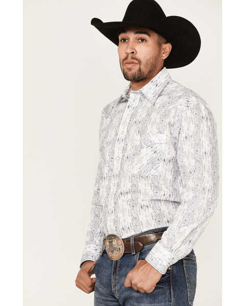 Image #2 - Rough Stock By Panhandle Men's Stretch Vertical Paisley Print Long Sleeve Pearl Snap Western Shirt , Light Blue, hi-res