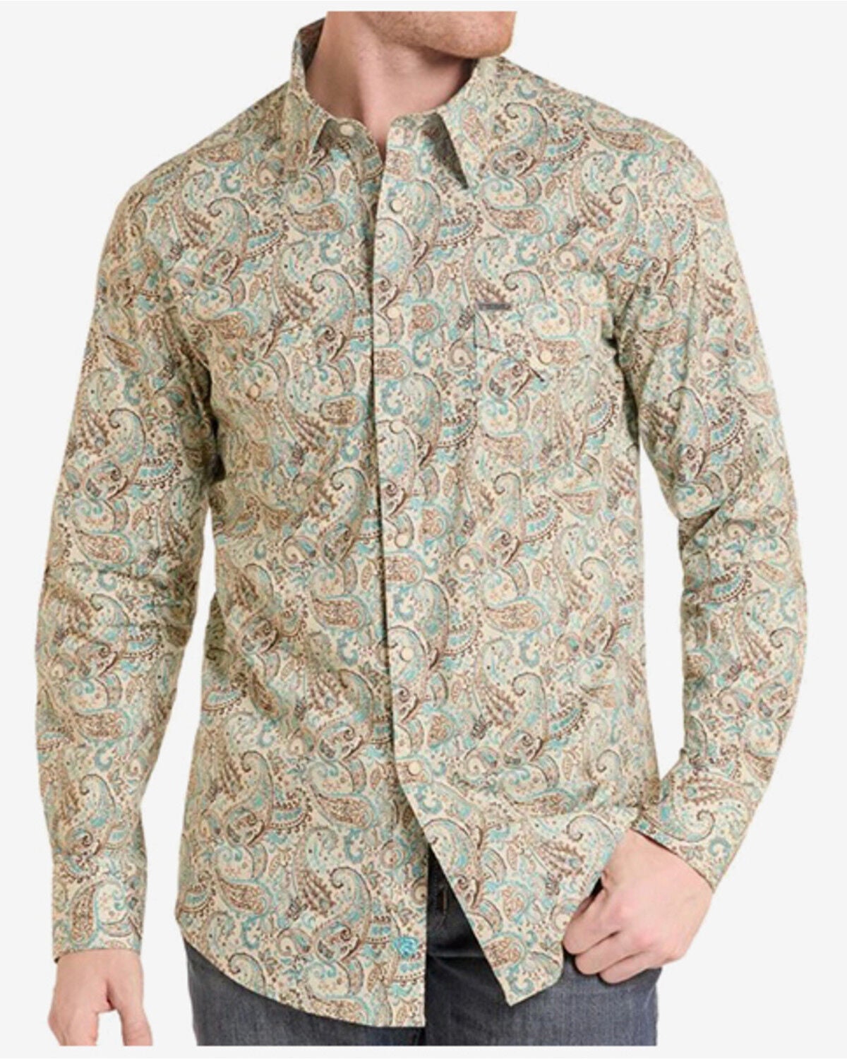 Rock & Roll Denim Men's Paisley Print Long Sleeve Snap Stretch Western Shirt, Teal, hi-res