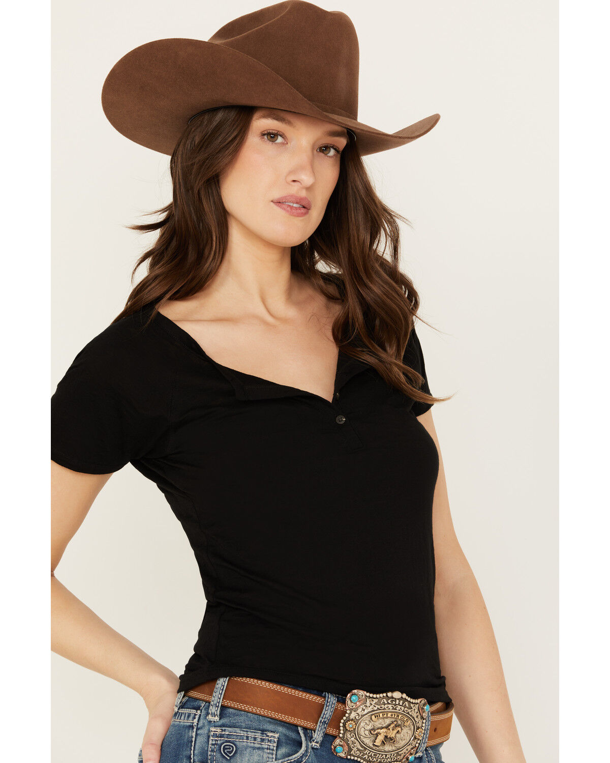Image #2 - RANK 45® Women's Burnout Henley Tee, Black, hi-res