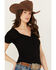 Image #2 - RANK 45® Women's Burnout Henley Tee, Black, hi-res