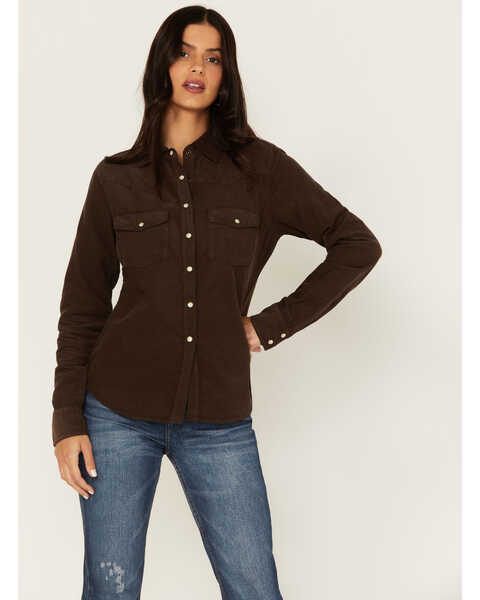 Cleo + Wolf Women's Pincord Button-Down Long Sleeve Snap Western Shirt, Chocolate, hi-res
